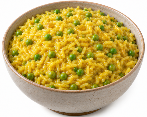 Riz à la sauce curry et petits pois